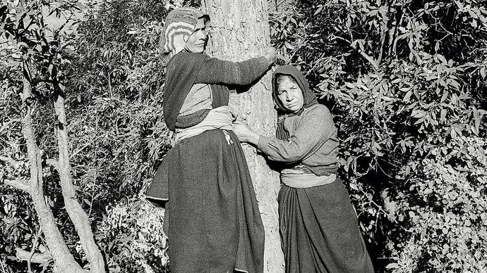 उत्तराखंड के चमोली जिले में पेड़ को गले लगातीं कार्यकर्ता, 1982