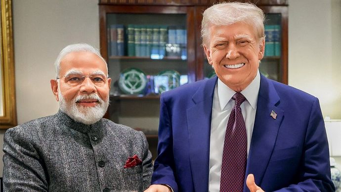 व्हाइट हाउस में अमेरिका के राष्ट्रपति डोनाल्ड ट्रंप के साथ प्रधानमंत्री नरेंद्र मोदी, 14 फरवरी