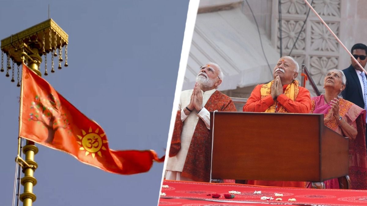 धर्म ध्वजा फहराते पीएम मोदी व RSS प्रमुख मोहन भागवत 
