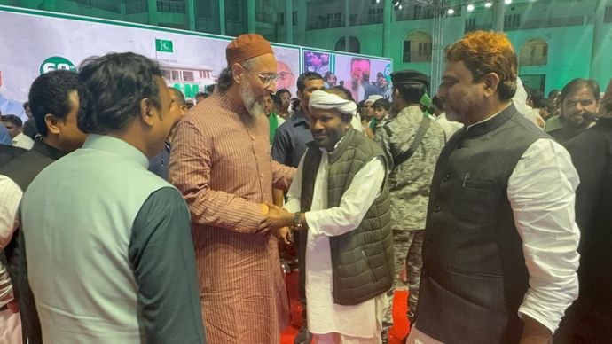 IP Gupta with Asaduddin Owaisi on AIMIM foundation day at Hyderabad