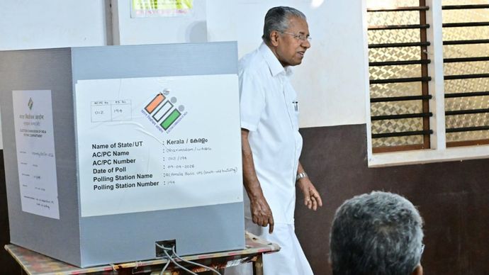 Kerala CM Pinarayi Vijayan casts vote in Kannur.