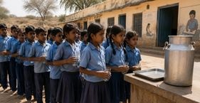 राजस्थान में बच्चों के हिस्से का दूध बीच में ही हो रहा गायब! राजस्थान कोऑपरेटिव डेयरी फेडरेशन स्कूलों में दूध की सप्लाई करता है (फोटो : AI)