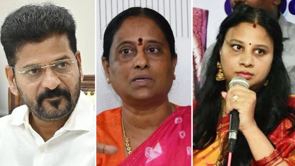 Surekha (C) rejected the basis of the action, arguing that her daughter Sushmitha’s (R) remarks on Revanth Reddy (L) were made independently.