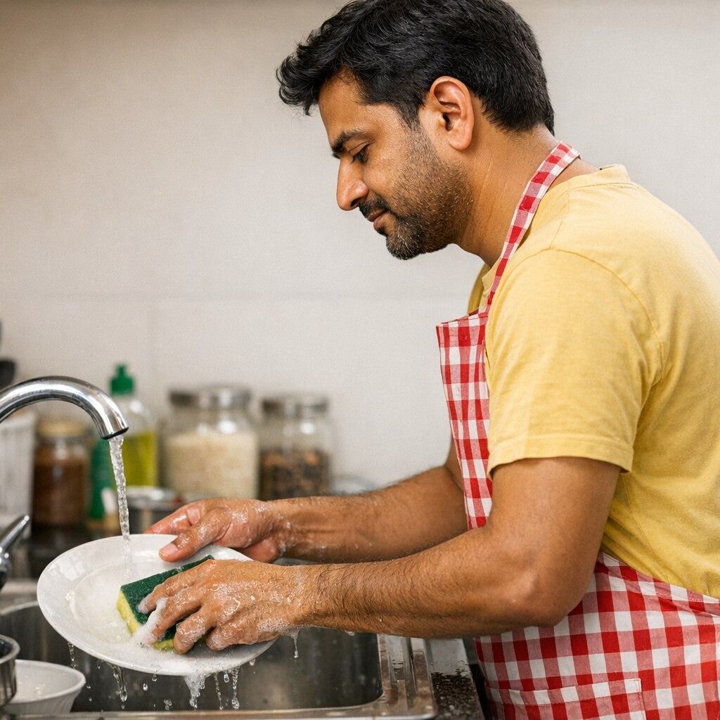 indian House husband or home maker washing utensils only side profile