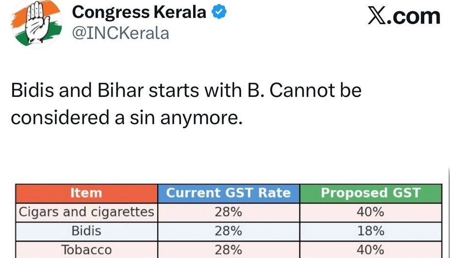 Congress Kerala Slams BJP: ജിഎസ്ടി പരിഷ്കാരത്തിന്റെ പേരിൽ ബീഹാറിനെ പരിഹസിച്ച് കോൺഗ്രസ് കേരള; 'യഥാർത്ഥ സ്വഭാവം പുറത്തായി' എന്ന് ബിജെപി - Congress Kerala Bidi ...