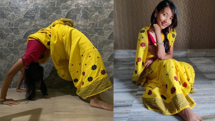 Ankita Konwar aces wheel pose in Mekhela Chadar