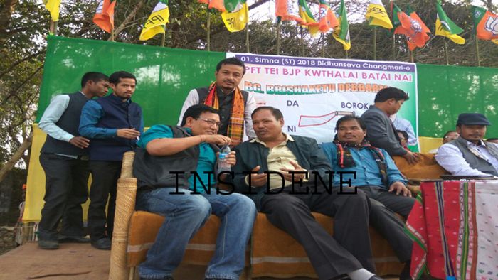 ABSU PRESIDENT AND BPF MP SHARES STAGE DURING CAMPAIGNING FOR IPFT IN TRIPURA