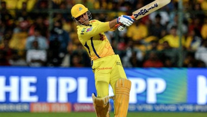 EDITORS NOTE: Graphic content / Chennai Super Kings Captain and batsman M.S. Dhoni plays a shot during the 2019 Indian Premier League (IPL) Twenty20 cricket match between Royal Challengers Bangalore and Chennai Super Kings at The M. Chinnaswamy Stadi