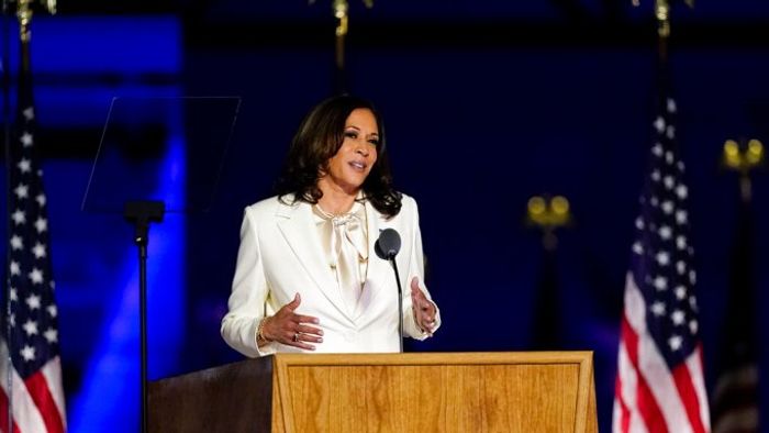 Vice President-elect Kamala Harris speaks Saturday, Nov. 7, 2020, in Wilmington, Del. (AP Photo/Andrew Harnik)