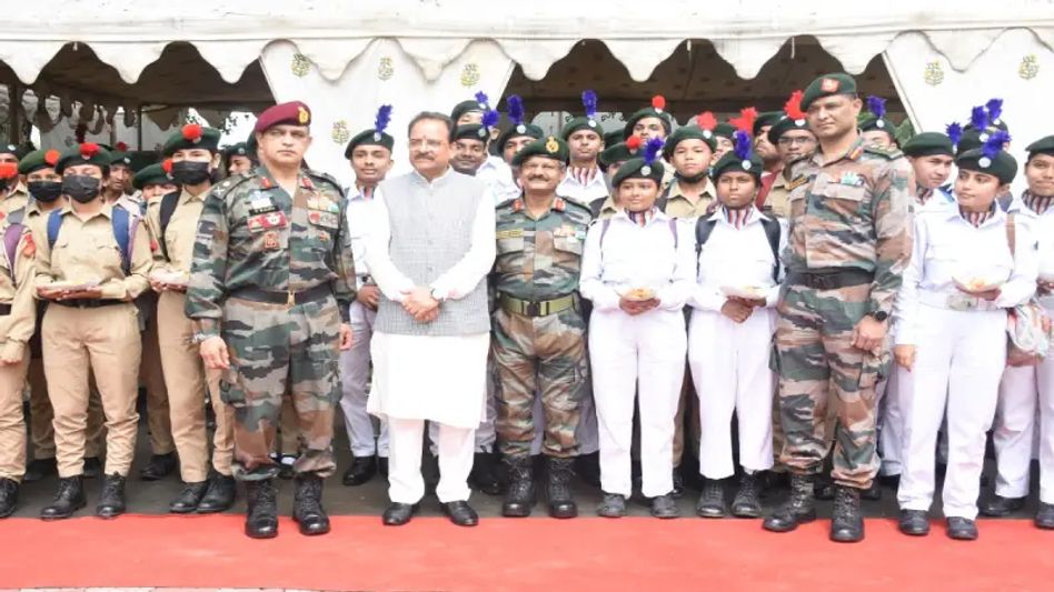 Raksha Rajya Mantri Ajay Bhatt visits  NCC cadets in Guwahati today Raksha Rajya Mantri Ajay Bhatt visits  NCC cadets in Guwahati today