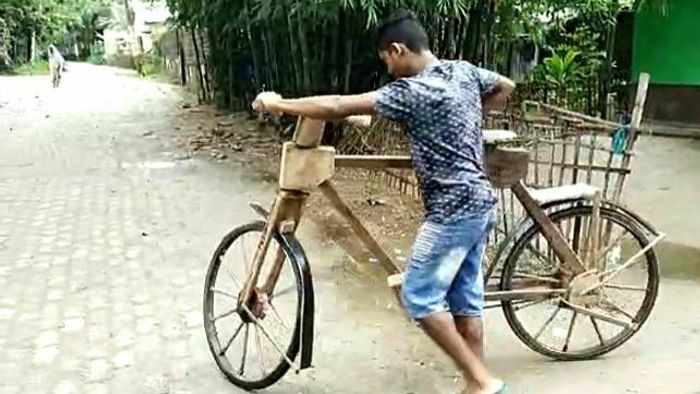 self-made wooden bicycle