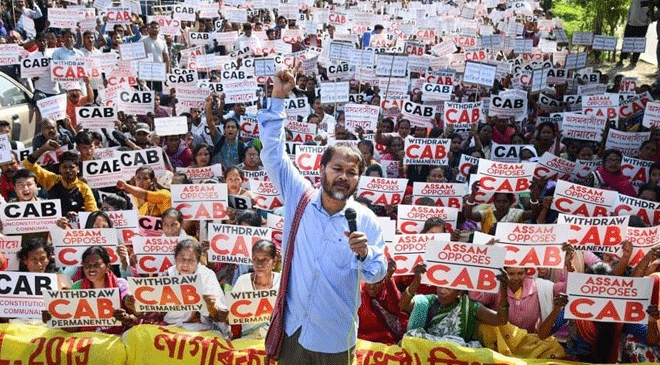 Akhil Gogoi leads a protest against the CAA circa December 2019