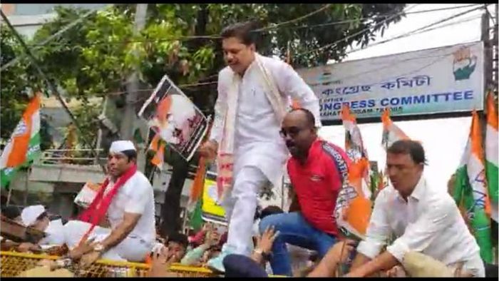 Assam Congress workers detained by police during a protest over Sonia Gandhi’s appearance before ED today