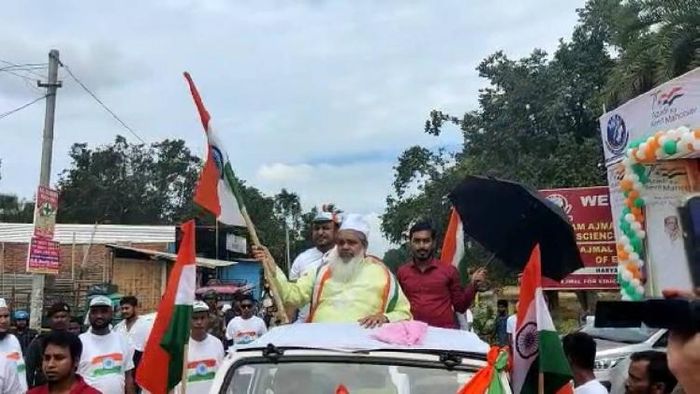 AIUDF Chief and Ajmal Foundation Trustee Badruddin Ajmal taking out a procession in Hojai, Assam under Azadi Ka Amri Mahotsav initiative