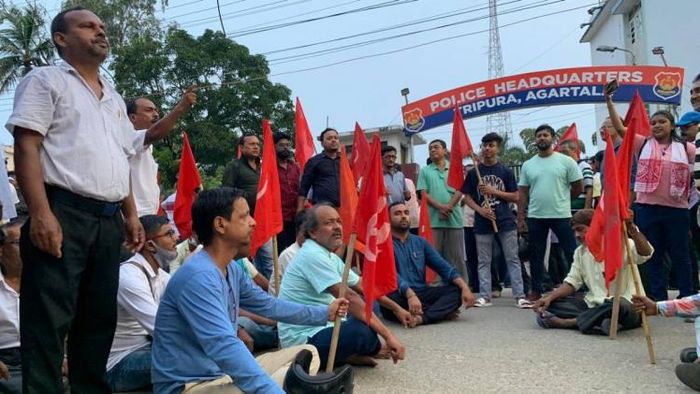 CPI(M) supporters protesting outside Tripura Police Headquarter
