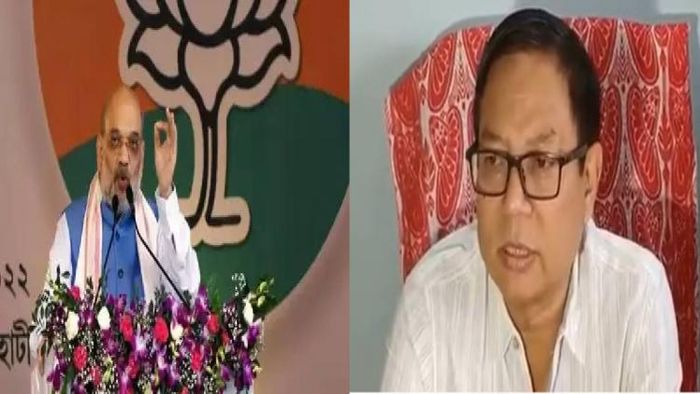 Union Home Minister Amit Shah (L), APCC leader Debabrata Saikia (R)