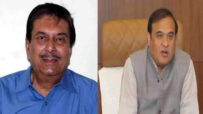 Veteran Assamese actor Nipon Goswami (L), Assam Chief Minister Himanta Biswa Sarma (R)