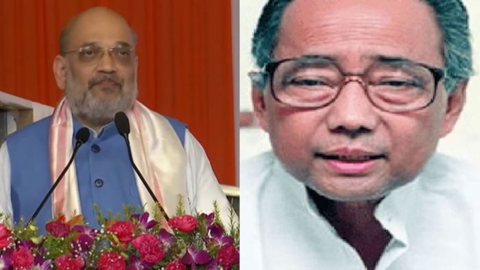 (L) Union Home Minister Amit Shah (R) Former Assam CM Hiteswar Saikia