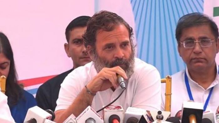 Rahul Gandhi interacts with reporters in Indore, Madhya Pradesh