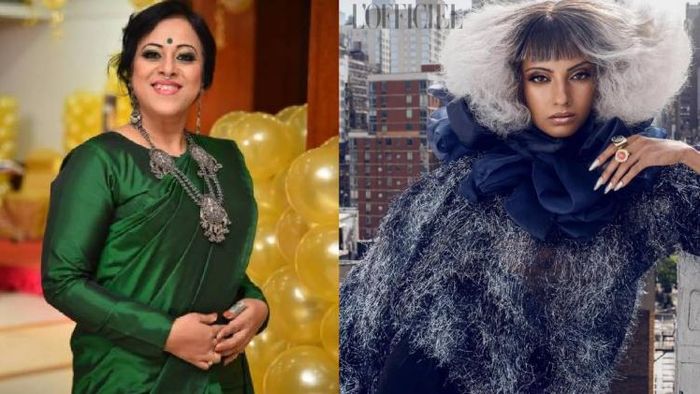 Fashion designer from Assam Sanjukta Dutta (L) and her designer label as showcased by the model (R)