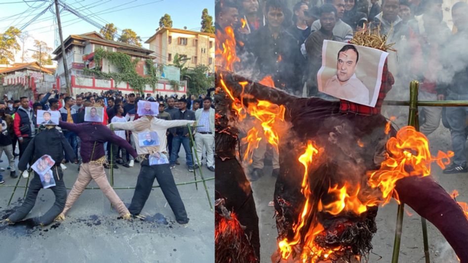 Pressure groups burn effigies of Amit Shah, Assam CM Himanta Biswa Sarma, CM Meghalaya Sangma Pressure groups burn effigies of Amit Shah, Assam CM Himanta Biswa Sarma, CM Meghalaya Sangma