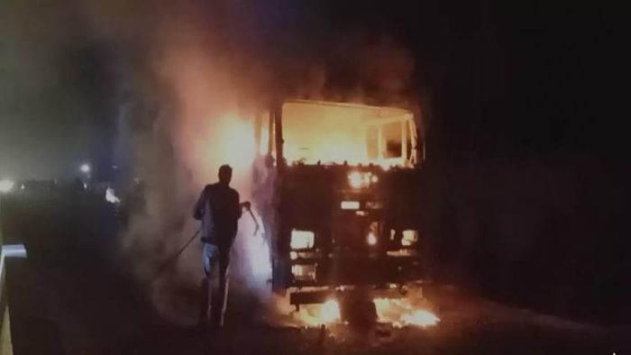 The truck hit the scooty following which it caught fire