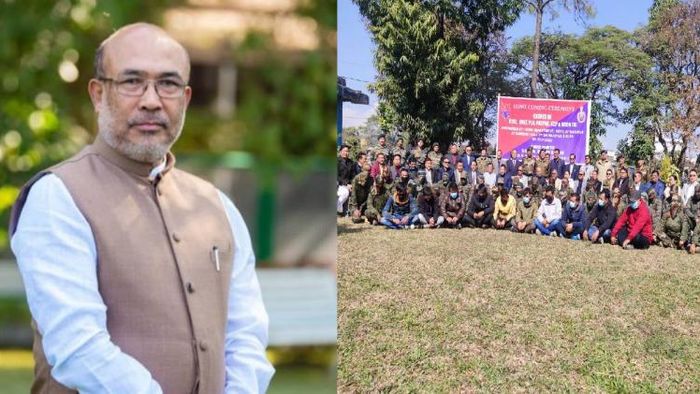 Manipur CM N Biren Singh (L), Surrendered 43 cadres of different proscribed outfits (R)