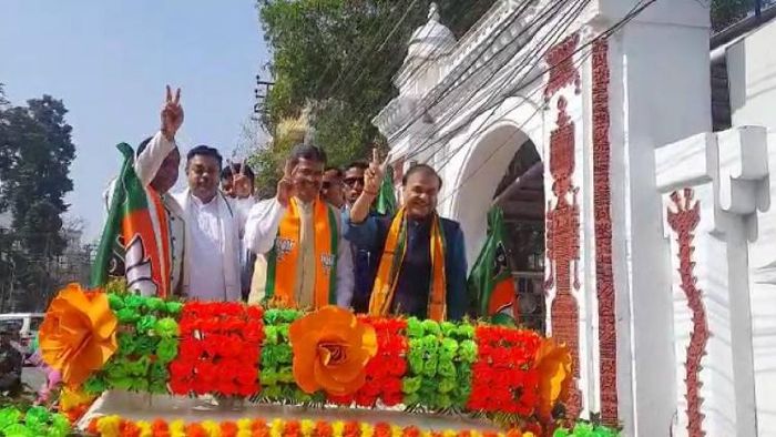 Assam Chief Minister and NEDA convener Himanta Biswa Sarma participates in a rally in Agartala
