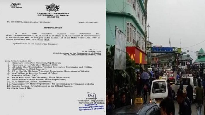Odd-even restriction imposed on private vehicles withdrawn by Sikkim's transport department