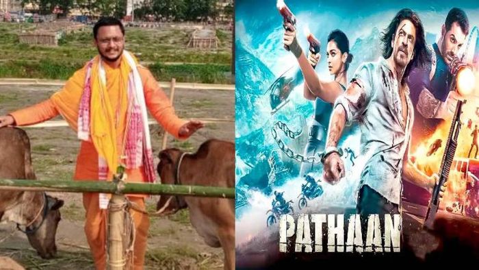 Right Wing leader Satya Ranjan Borah (L), Pathaan poster (R)