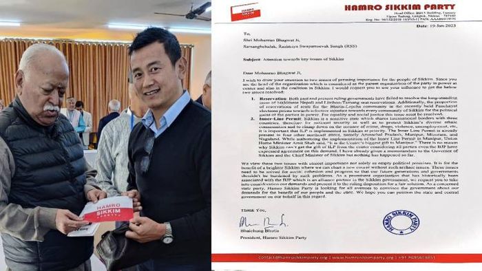 Hamro Sikkim Party President ๐๐ก๐๐ข๐๐ก๐ฎ๐ง๐ ๐๐ก๐ฎ๐ญ๐ข๐ hands over memorandum to RSS Chief to implement Inner Line permit
