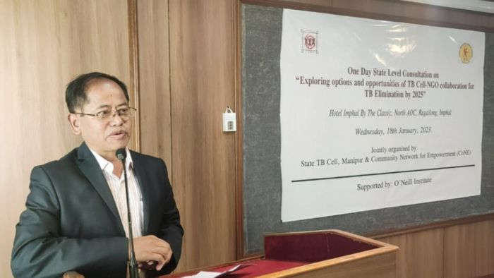 State TB Officer Manipur Dr W Shashi Singh presenting his speech during consultation workshop