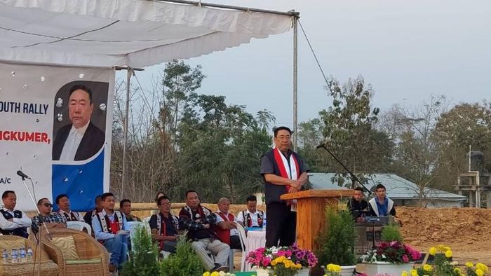NDPP candidate from Dimapur-II assembly constituency Moatoshi Longkumer addresses the rally