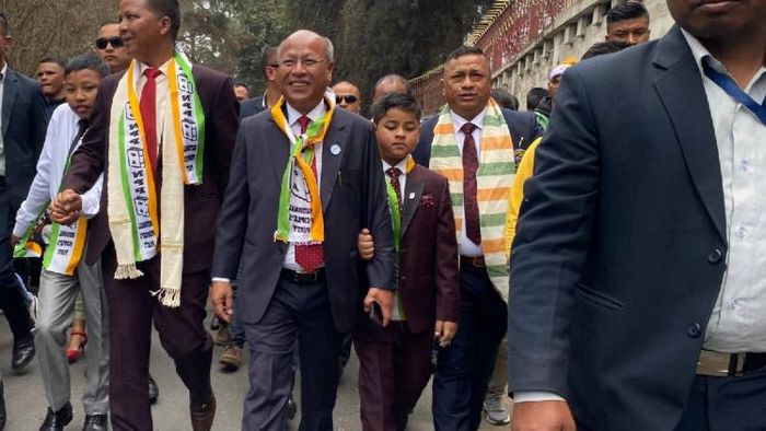 Meghalaya Deputy CM Prestone Tynsong flanked by supporters, ahead of filing his nomination for Assembly polls