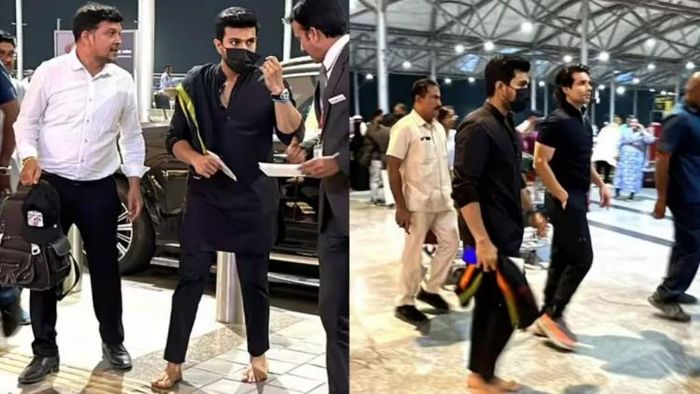 Actor Ram Charan walking barefoot at Hyderabad airport