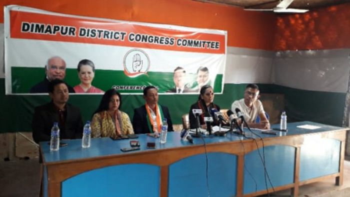 Congress media coordinator Mahima Singh (2nd from right) addresses a press conference in Dimapur
