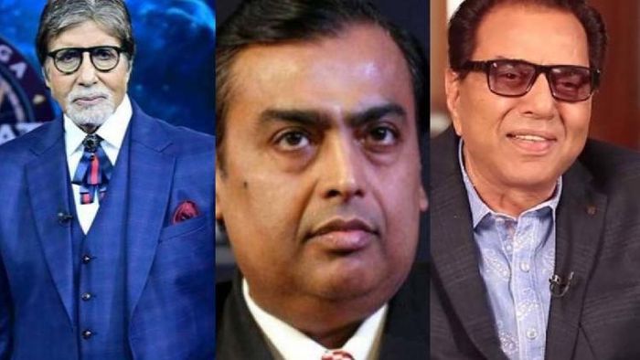 Amitabh Bachchan (L), Mukesh Ambani (C), Dharmendra (R)