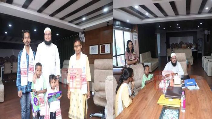 USTM Chancellor Mahbubul Hoque meeting the family of 7-year-old Niku Kalita