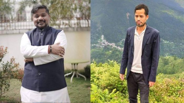 BJP leader Sushanta Chowdhury L), IPFT leader Sukla Charan Noatia (R)