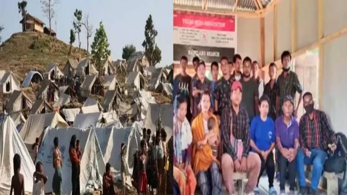 Temporary tents set up for the refugees (L), Members of Young Mizo Association (R)