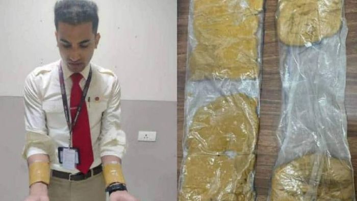 Accused Air India cabin crew with the smuggled gold wrapped around his forearm