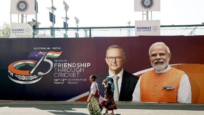 Billboard displaying Test match schedule that will see the attendance of PM Modi and his Australian counterpart Anthony Albanese