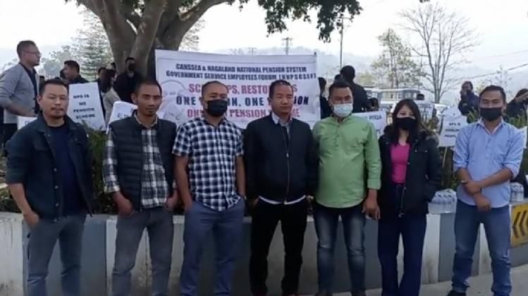 Members of CANSSEA protesting outside Nagaland secretariat, demand scrapping of National Pension Scheme