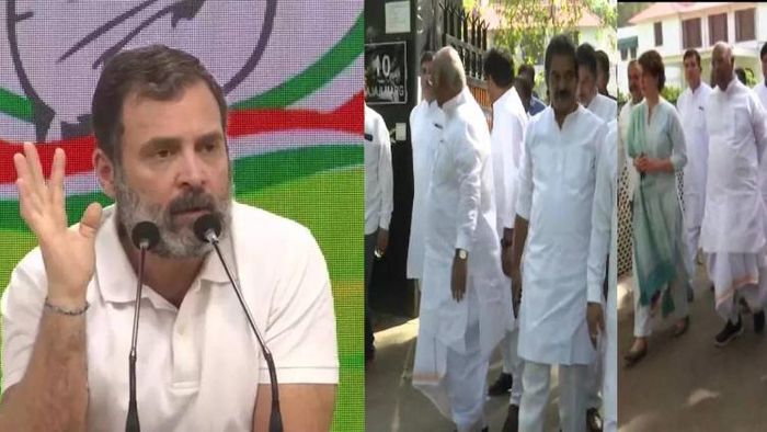 Congress leader Rahul Gandhi (L), Congress leaders including Priyanka Gandhi ahead of Satyagraha (R)