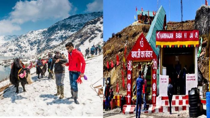Tourist attraction sites in Sikkim: Tsomgo Lake (L), Baba Mandir (R)