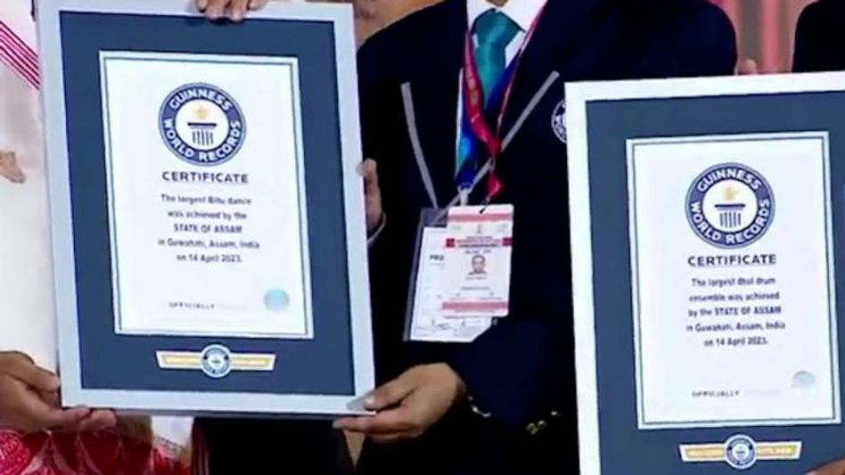 Assam CM receives Guinness World Record certificate for largest Bihu dance and dhol drum ensemble in presence of PM Modi Assam CM receives Guinness World Record certificate for largest Bihu dance and dhol drum ensemble in presence of PM Modi