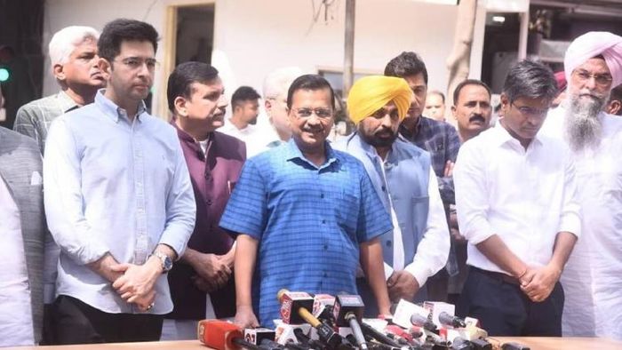 Delhi CM Arvind Kejriwal addressing the media before heading to the CBI headquarters