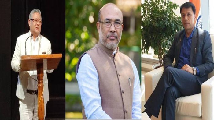 Karam Shyam (L), Manipur CM N Biren Singh (C), Thokchom Radheshyam (R)
