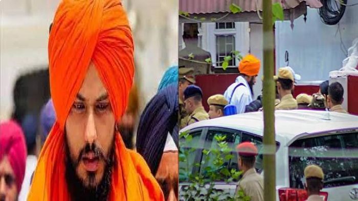 Waris Punjab De chief Amritpal Singh (L) being taken inside the Dibrugarh Central Jail (R)