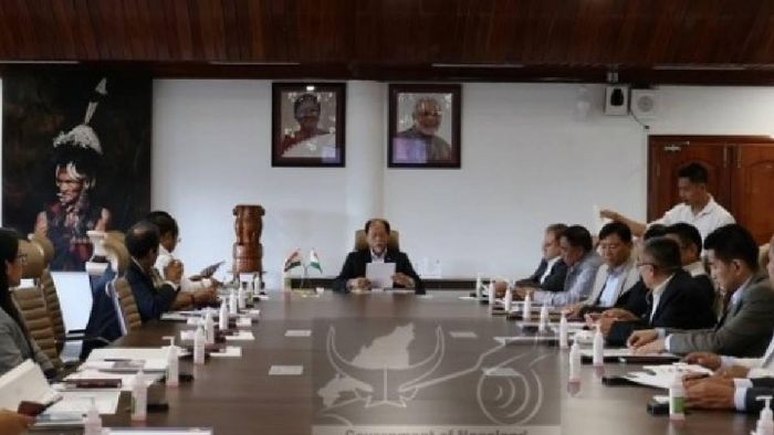 Nagaland chief minister Neiphiu Rio addresses a monsoon preparedness meeting in Kohima on May 5